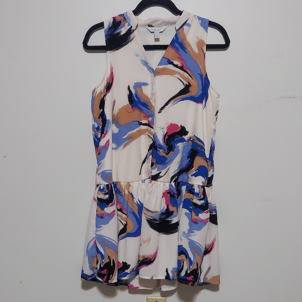 Nine West Button Front Ruffle Hem Dress In Ivory Swirl Pattern Size Small - Picture 2 of 10